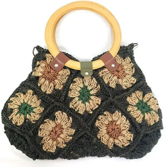 Jute Floral Crochet Handbag Purse Tote Boho Flowers Patchwork Wood Handle Bag - Picture 2 of 14